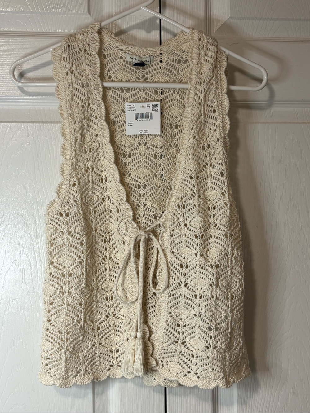 American Eagle Outfitters Cream Crochet Tie-Front Vest New Sz Small